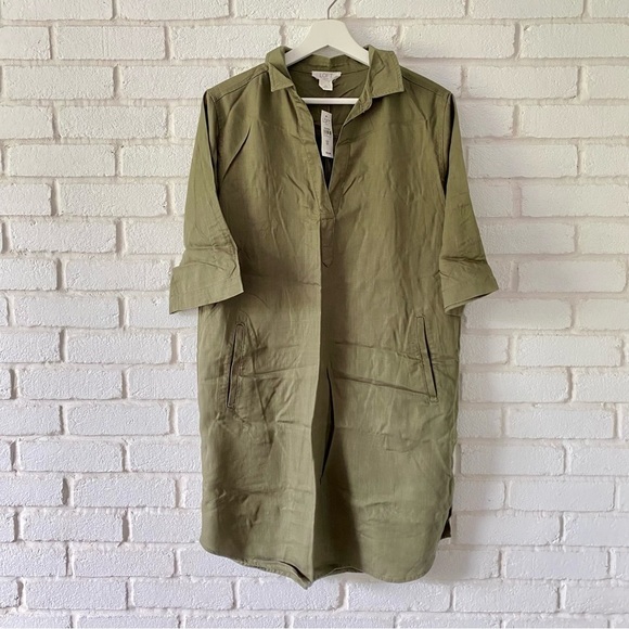 LOFT Outlet Lounge Dress Green Collared Knee Length Pockets Half Sleeve Medium - Picture 1 of 10